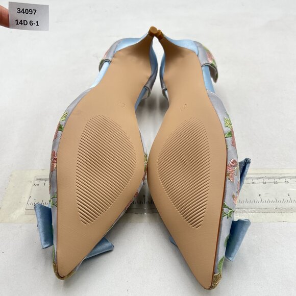 XYD Blue Flower Embroidery D'Orsay Kitten Heel Bridal Bowknot Pointed Toe Pumps - Picture 7 of 8